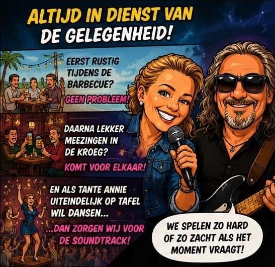 Stripillustratie van De Carolannies met drie taferelen: rustig tijdens de barbecue, meezingen in de kroeg en dansen op tafel