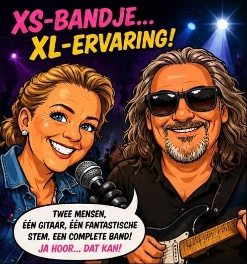 Carolien met microfoon en André met elektrische gitaar, getekend in stripstijl